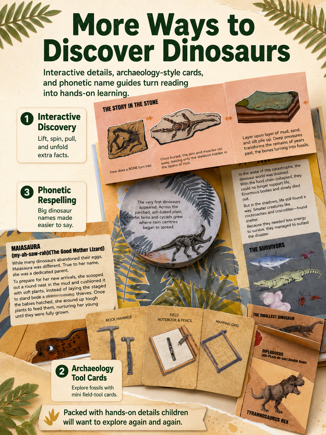 An educational dinosaur discovery card set titled 'More Ways to Discover Dinosaurs' shown on a beige background with decorative leaves. The image includes multiple illustrated cards and a central dinosaur skeleton card, with text describing interactive features like lift, spin, pull, and phonetic name guidance.