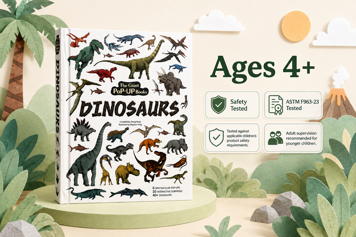 The Giant Pop-Up Book: Dinosaurs by Cranium Press, displayed on a light green pedestal. The book cover is decorated with colorful illustrations of various dinosaurs.