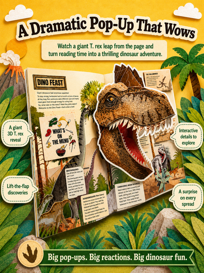 A colorful children's pop-up book cover titled 'A Dramatic Pop-Up That Wows' featuring an illustrated open dinosaur-themed book with a large T-rex pop-up, surrounded by jungle and volcano illustrations.