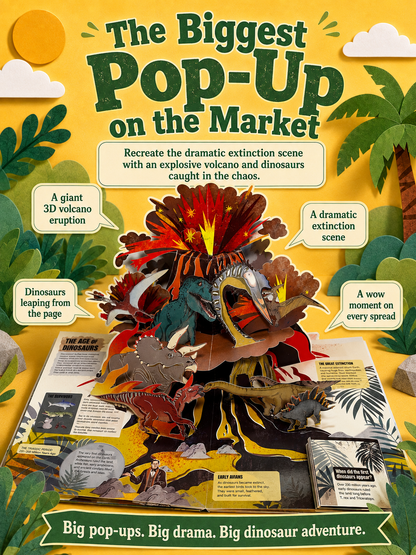 Front cover of a children's pop-up book titled "The Biggest Pop-Up on the Market" featuring a colorful 3D dinosaur volcano scene with dinosaurs, lava, and illustrated text boxes on a yellow tropical background.