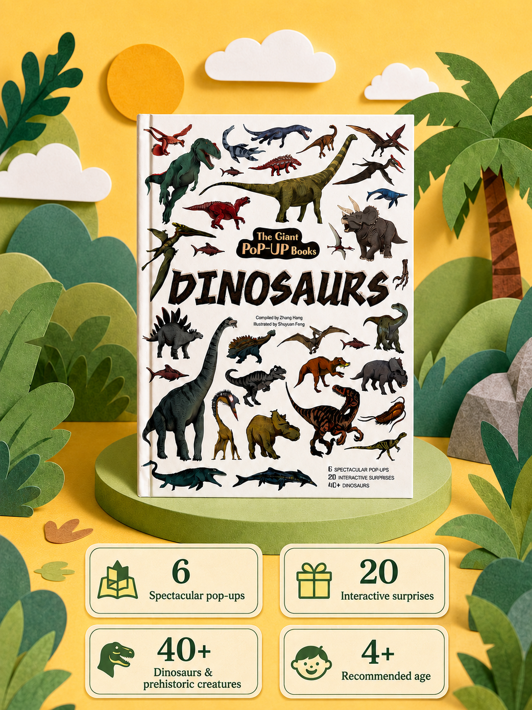 The Giant Pop-Up Books: Dinosaurs, shown as a 3D paper-cut style product mockup on a yellow background with green foliage and informational badges at the bottom.