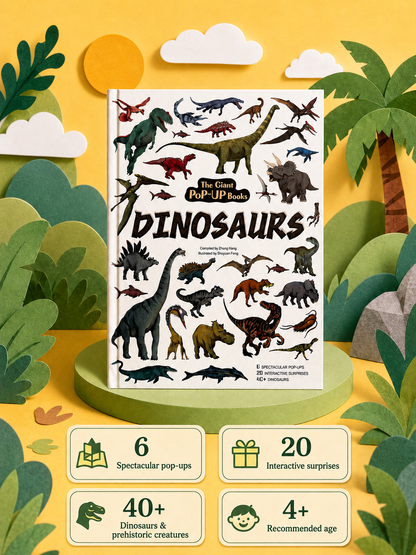 The Giant Pop-Up Books: Dinosaurs, shown as a 3D paper-cut style product mockup on a yellow background with green foliage and informational badges at the bottom.