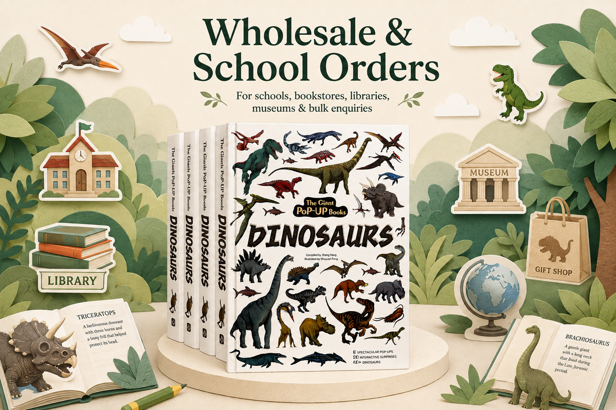 A set of children's dinosaur pop-up books displayed on a pedestal in a stylized school-and-library-themed scene. The books are white with colorful dinosaur illustrations on the front cover and spines.