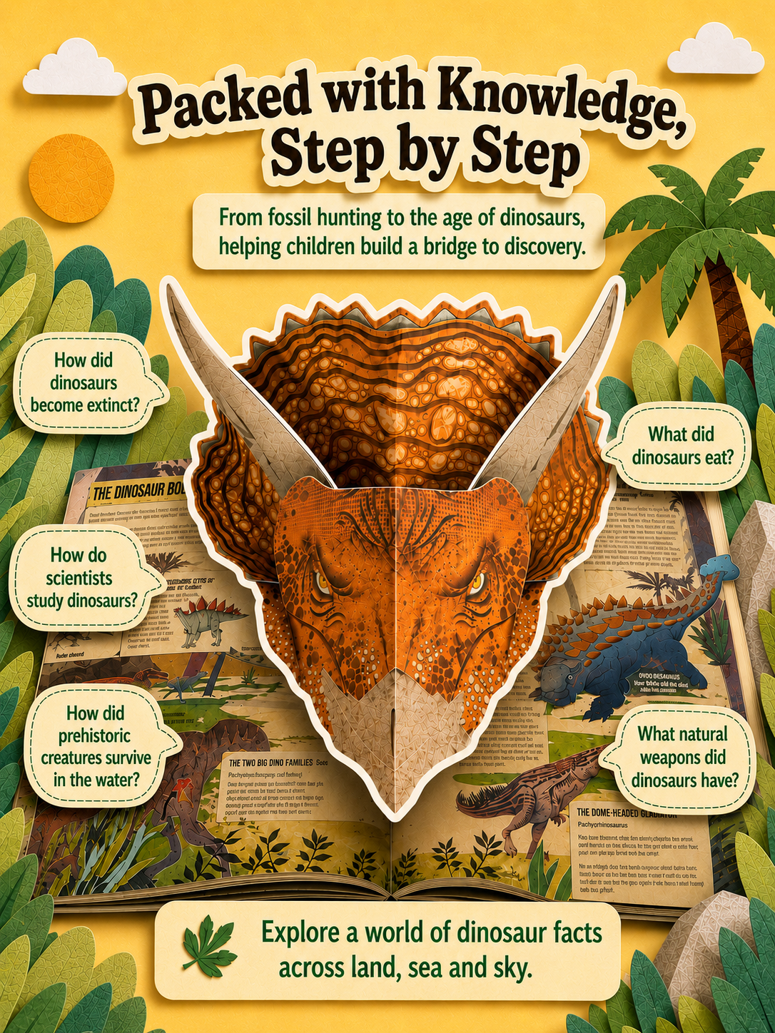An educational dinosaur-themed poster or booklet cover titled 'Packed with Knowledge, Step by Step' featuring a foldable paper Triceratops head on a yellow background with illustrated dinosaur scenes, text callouts, and decorative nature elements.
