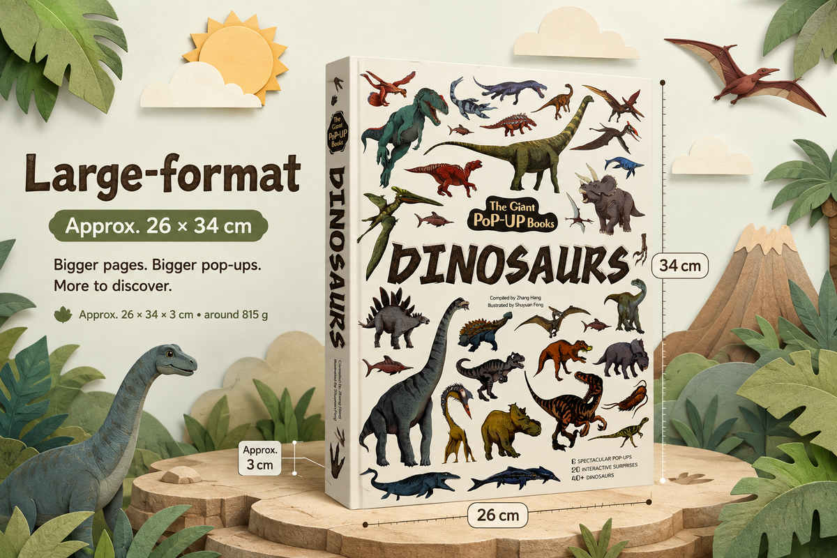 A large-format dinosaur pop-up book shown upright on a wooden surface with surrounding dinosaur-themed paper cutout scenery. The box front features many colorful dinosaur illustrations and the title 'The Gilded Pop-Up Books DINOSAUROS.